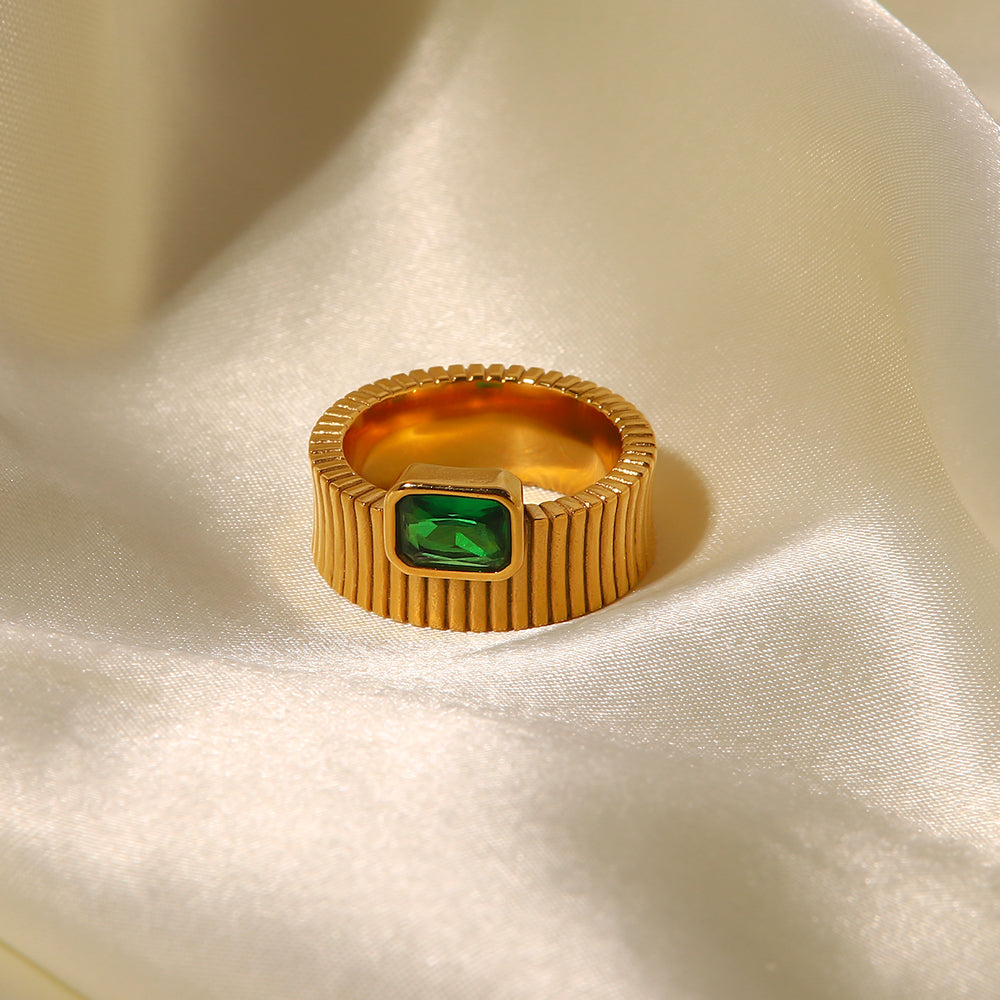 Allure Ribbed Emerald Cubic Zirconium Stone Ring Stainless Steel Non Tarnish Unbranded