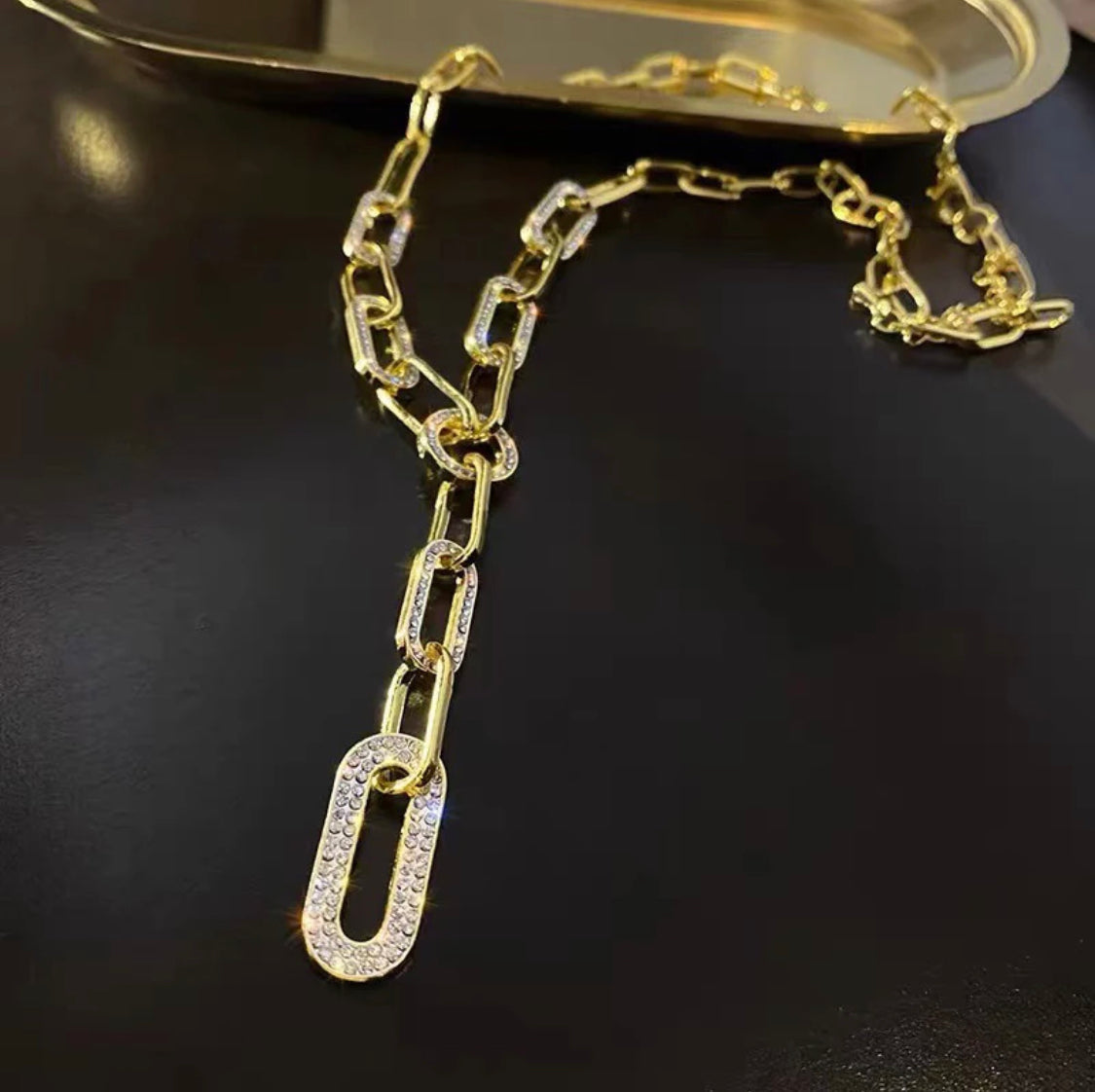 Kara Link Chain Zirconia Lariat Necklace Stainless Steel Non Tarnish Unbranded