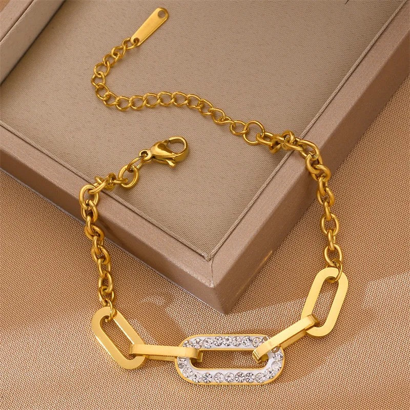 Link Chain Gold Zirconia Bracelet Stainless Steel Non Tarnish Unbranded