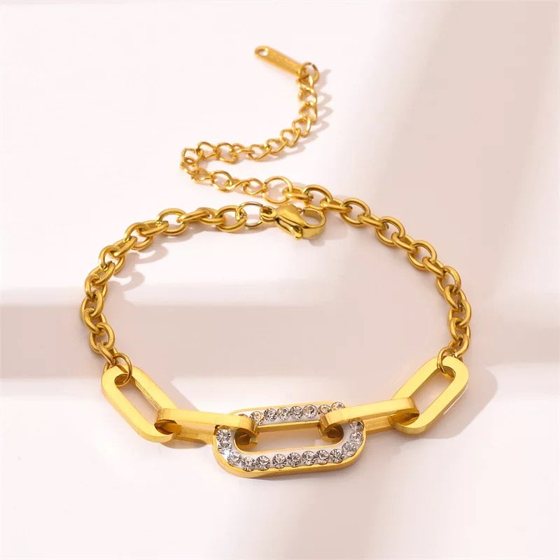 Link Chain Gold Zirconia Bracelet Stainless Steel Non Tarnish Unbranded