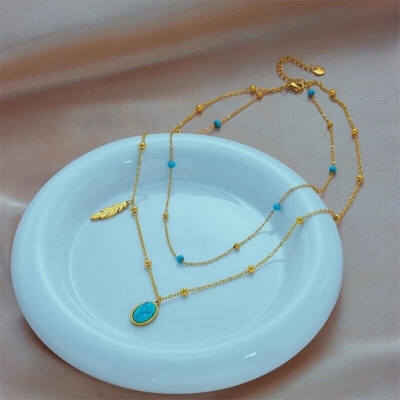 Raya Turquoise Charm Necklace Women Stainless Steel 18K Gold Pendant Layer Non Tarnish Unbranded