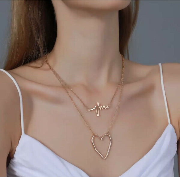 Gold Plated Heart Pendant Chain Double Strand Necklace Layered Heartbeat Unbranded