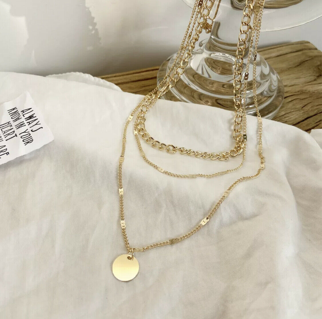 Gold Plated Necklace Triple Layer Chunky Chain Silver Multi Layered Pendant Unbranded