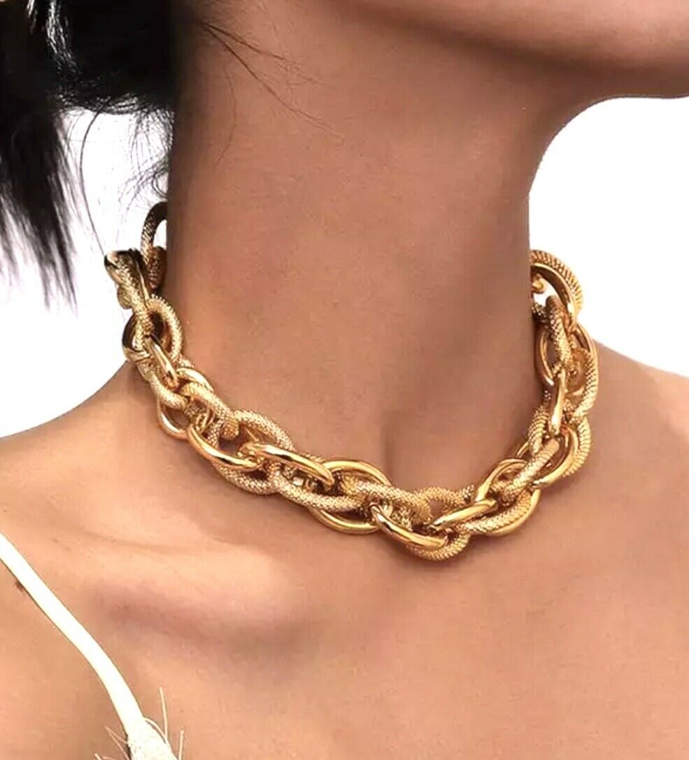 18k Gold Plated Necklace Thick Chunky Chain Choker Cuban Punk Funk Rock Style Unbranded