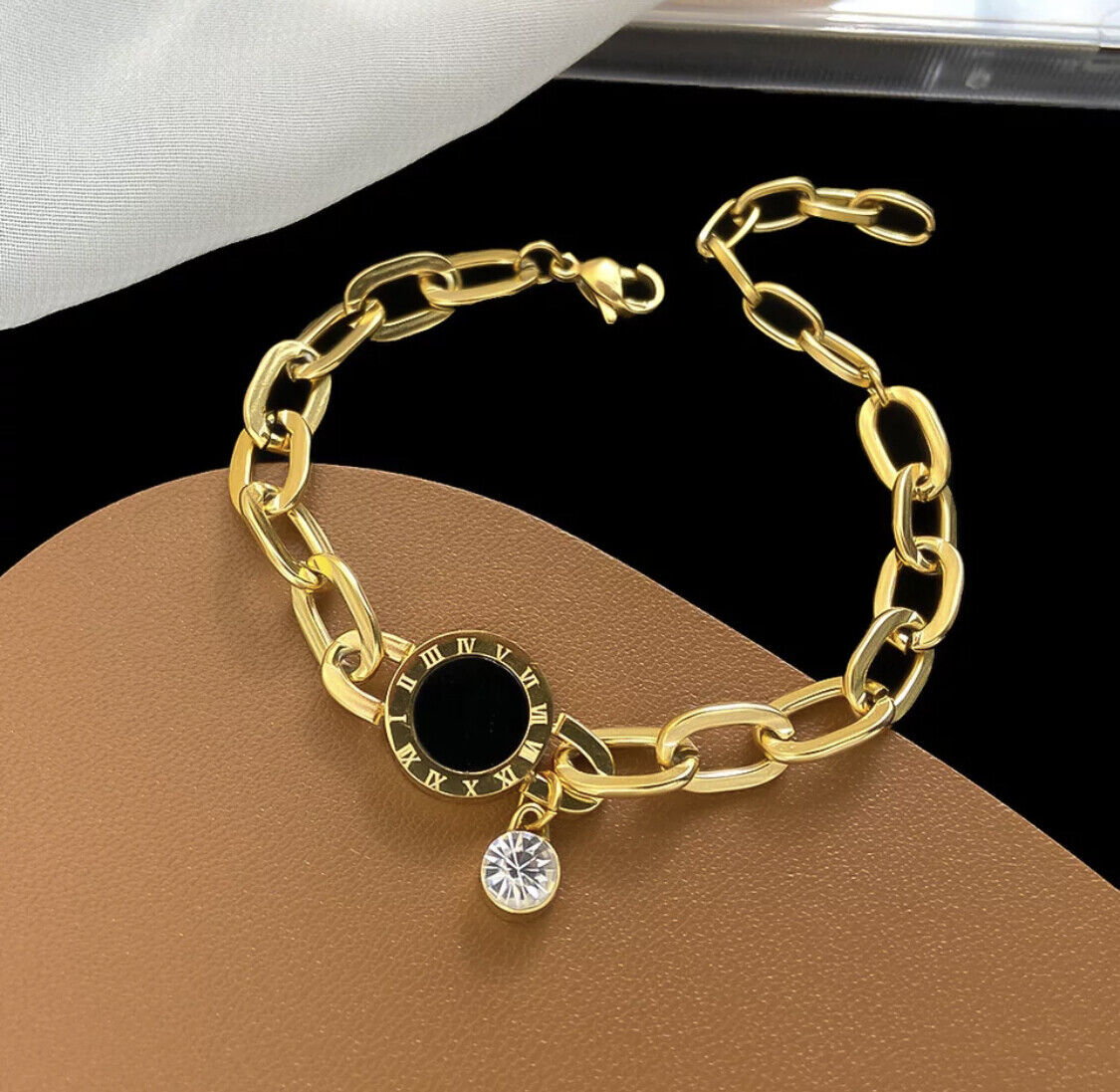 Roma Stone Link Chain Charm Bracelet Women Ladies Stainless Steel 18K Gold Jewellery Non Tarnish Unbranded
