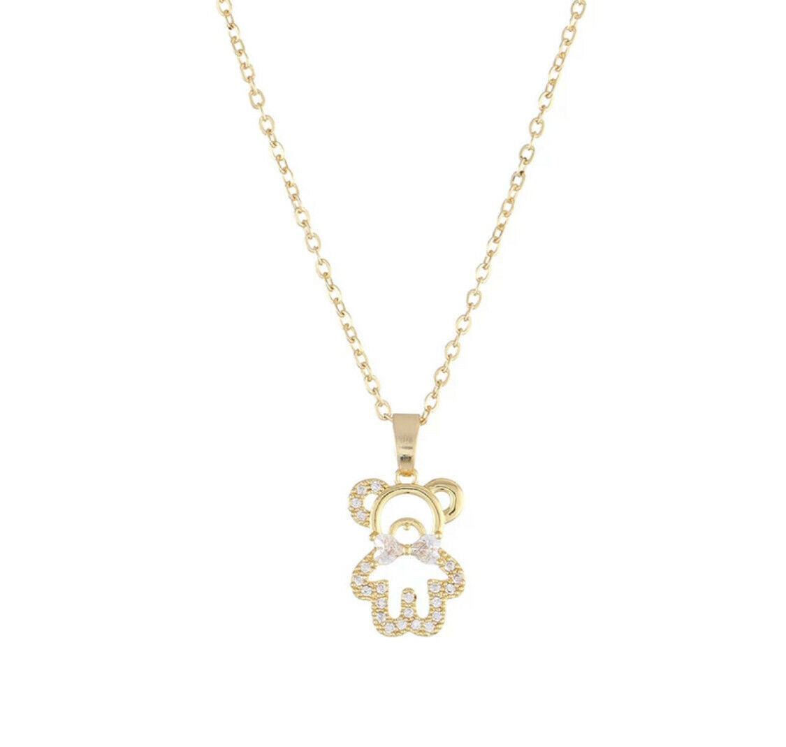 14k Gold Plated Necklace Teddy Bear Pendant Cubic Zirconia Kpop Chain Unbranded