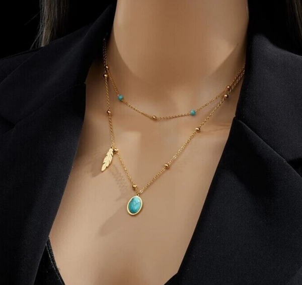 Raya Turquoise Charm Necklace Women Stainless Steel 18K Gold Pendant Layer Non Tarnish Unbranded