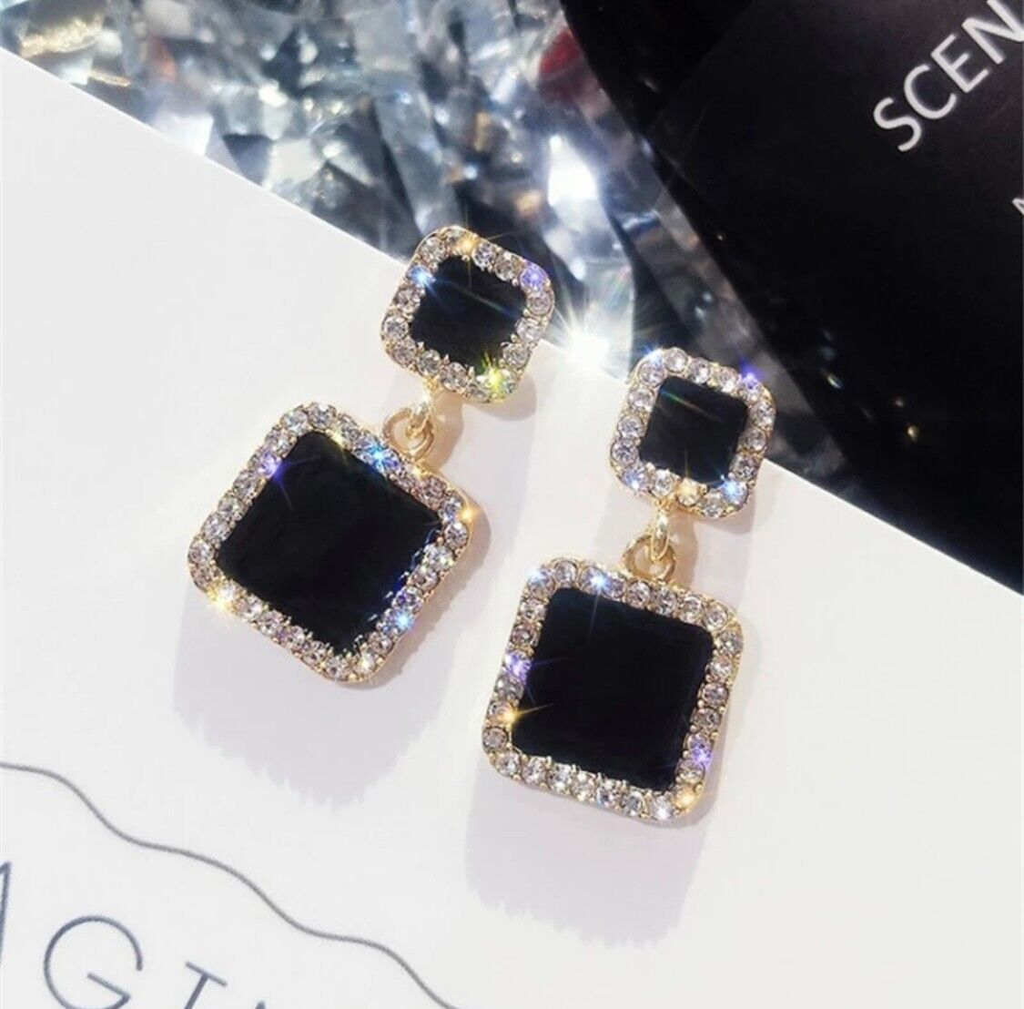 Womens Gold Plated Sparkly Diamante Drop Square Earrings Crystal Fashion Jewel Unbranded