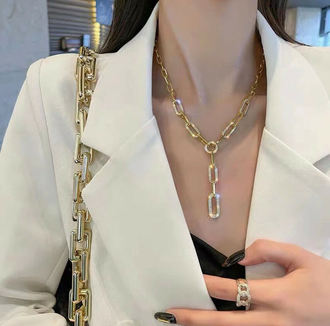 Gold Plated Necklace Chunky Chain Drop Lariat Cubic Zirconia Kpop Style Unbranded