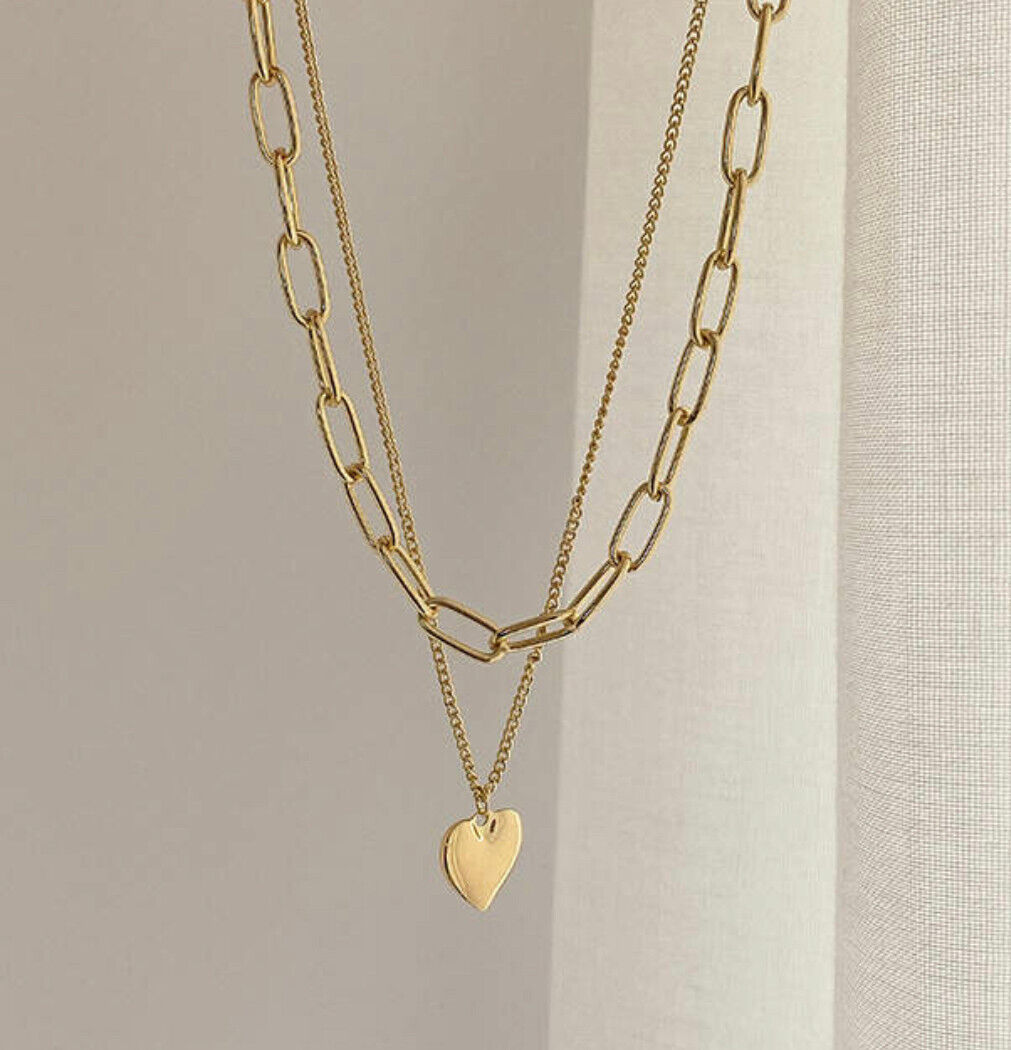 Double Layer Gold Plated Heart Necklace Chunky Chain Choker Layered Pendant Unbranded