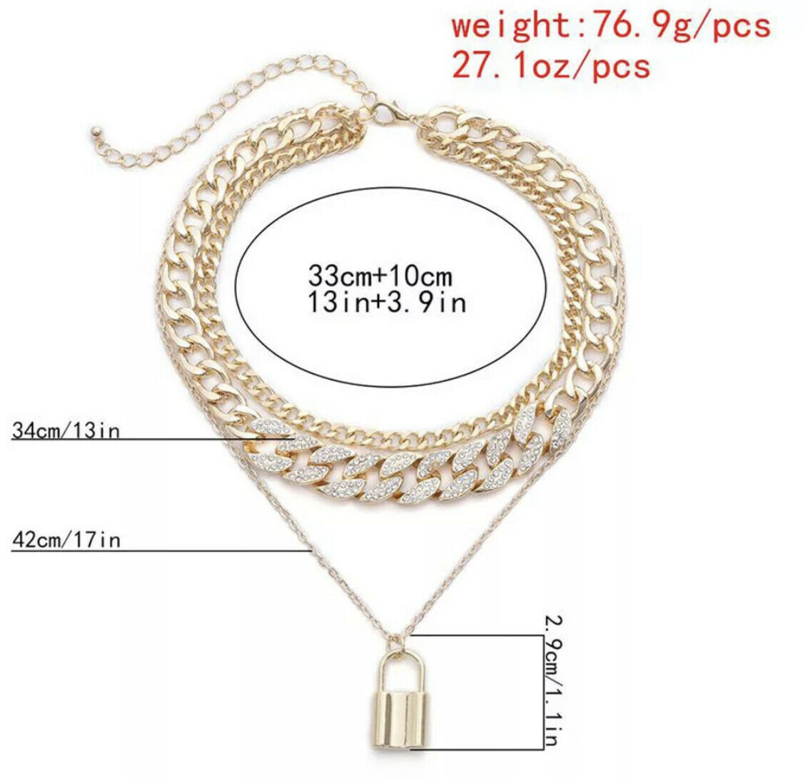 Gold Plated Triple Layer Chunky Chain Necklace Thick Choker Cuban Padlock Zircon Unbranded