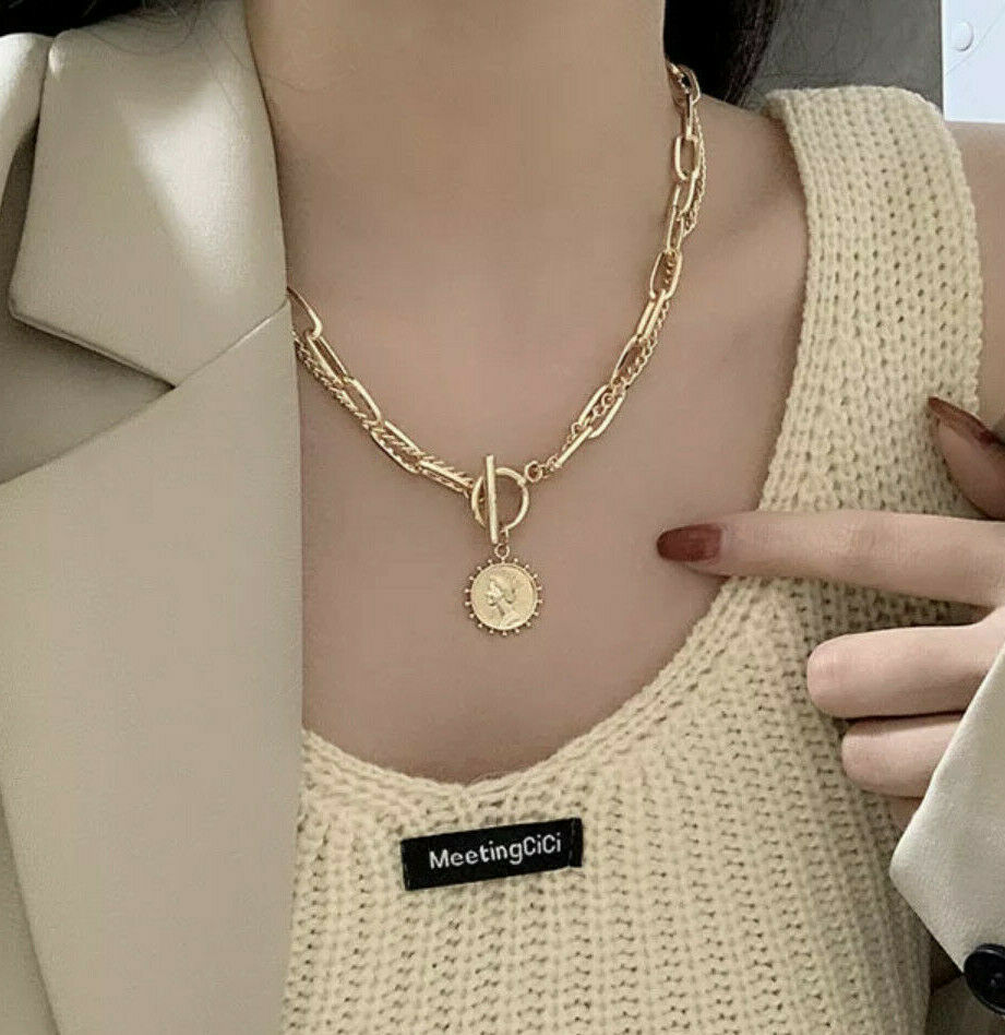 Vintage Multi Layer Coin Chunky Chain Queen Necklace Choker Gold Silver Plated Unbranded
