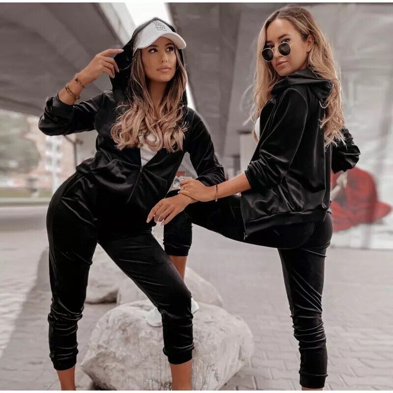 Womens Ladies Velour Tracksuit Velvet Hooded 2 Piece Set Urban Casual Glamour Unbranded