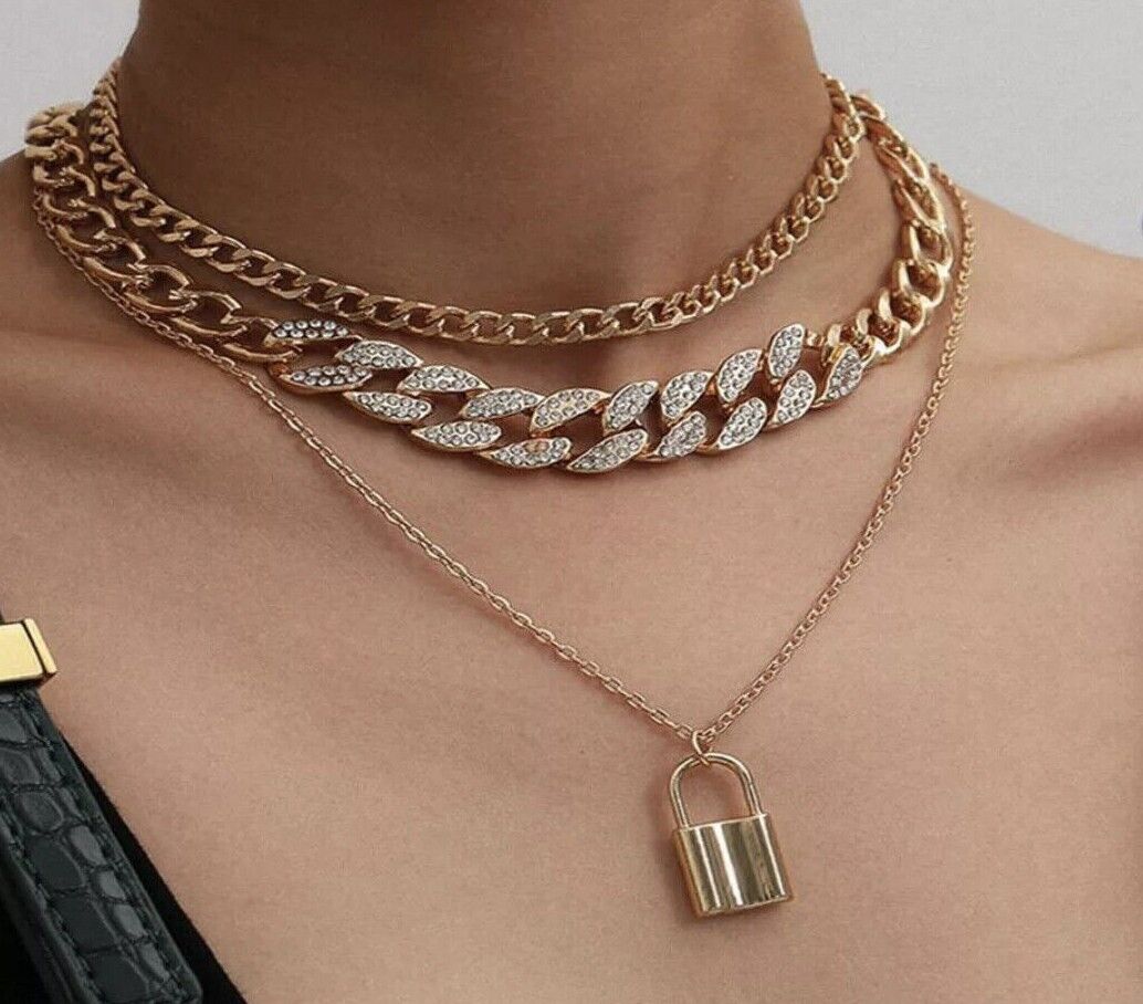 Gold Plated Triple Layer Chunky Chain Necklace Thick Choker Cuban Padlock Zircon Unbranded
