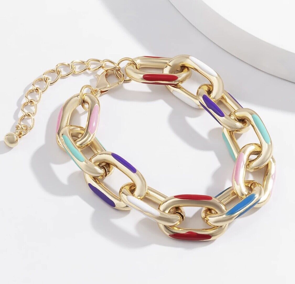 Gold Plated Necklace Chunky Chain Bracelet Colourful Punk Funk Retro Rock Unbranded