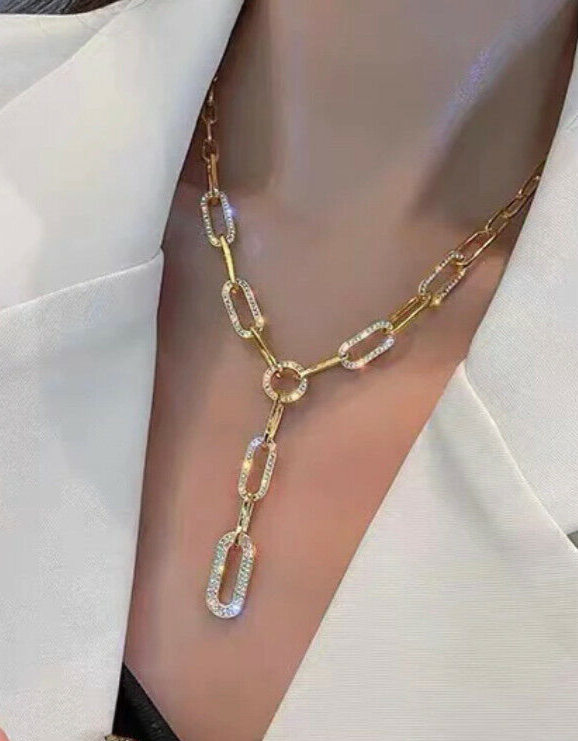 Gold Plated Necklace Chunky Chain Drop Lariat Cubic Zirconia Kpop Style Unbranded