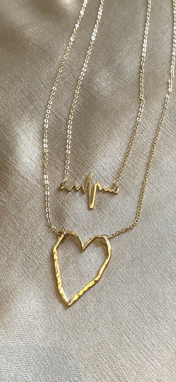 Gold Plated Heart Pendant Chain Double Strand Necklace Layered Heartbeat Unbranded