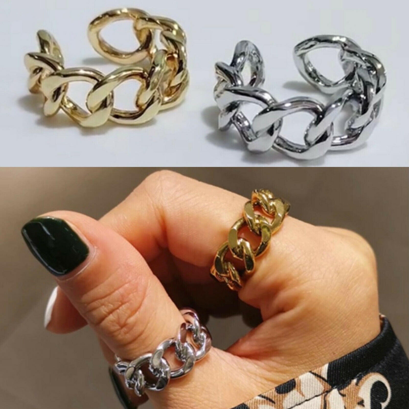 Gold Plated Chunky Chain Ring Adjustable Silver Metal Alloy Trendy Punk Funk Unbranded