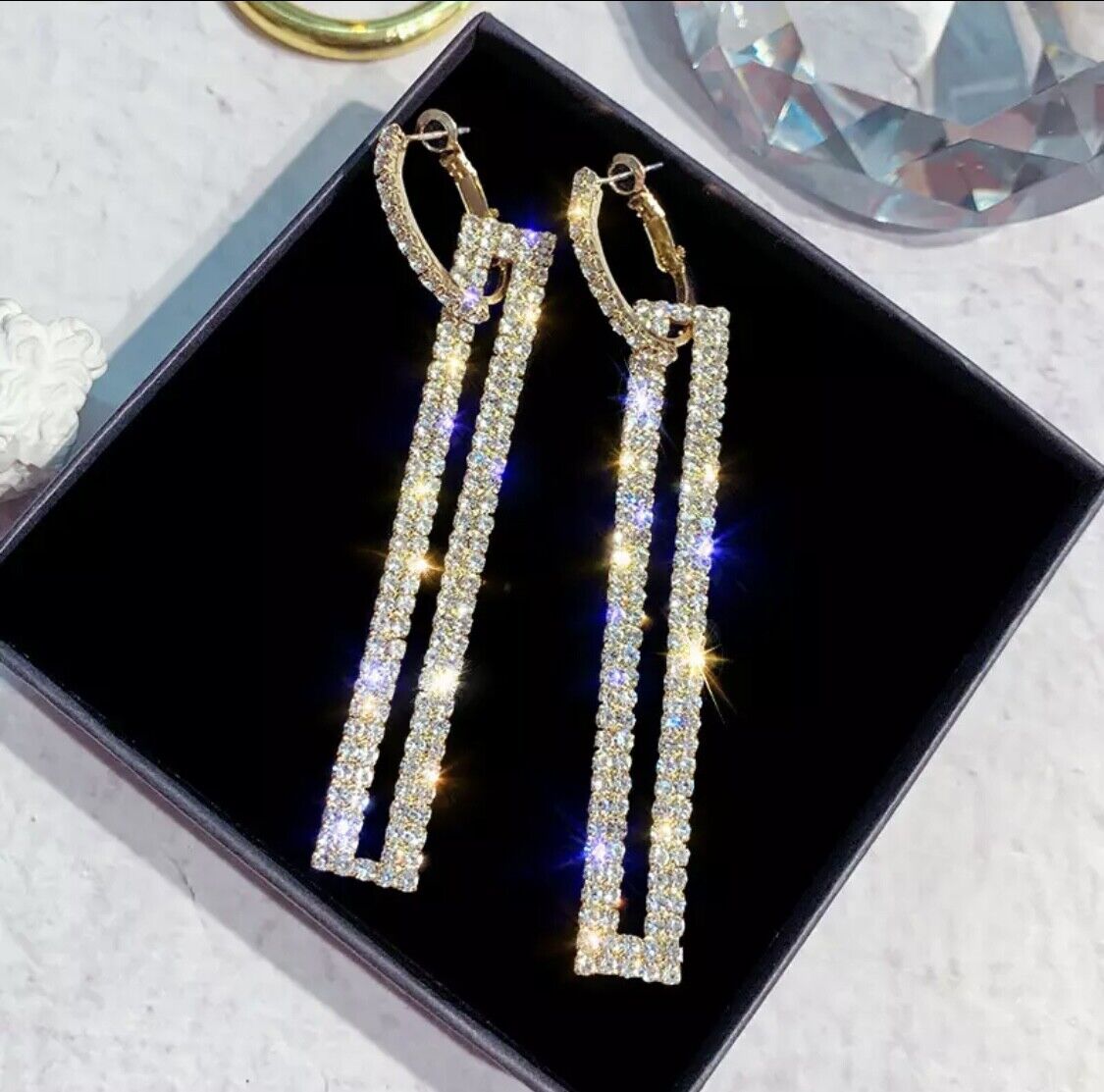 Womens Gold Silver Hoop Slim Earrings Bling Drop Diamante Rhinestone Fashion Unbranded