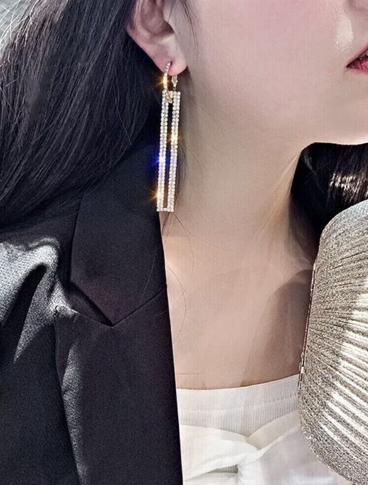 Womens Gold Silver Hoop Slim Earrings Bling Drop Diamante Rhinestone Fashion Unbranded