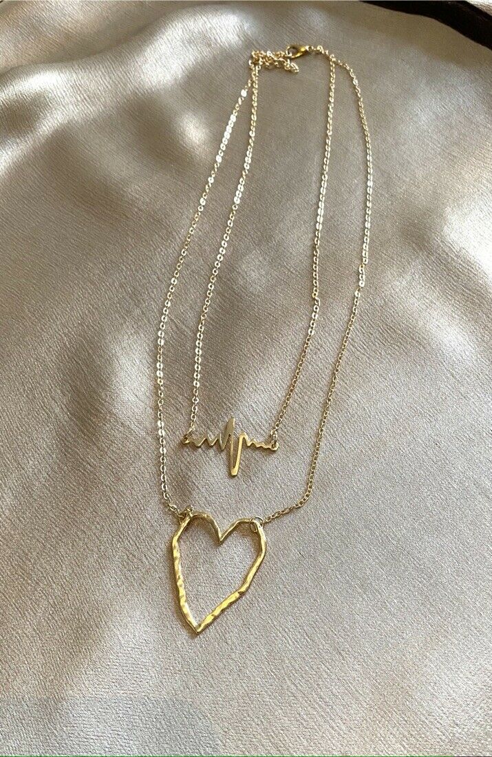 Gold Plated Heart Pendant Chain Double Strand Necklace Layered Heartbeat Unbranded