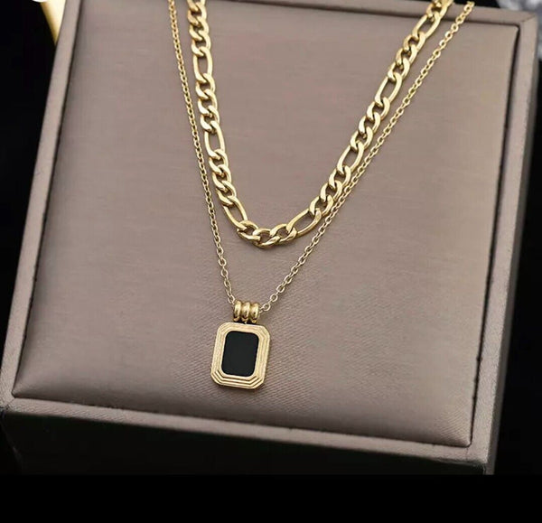 Women Ladies Stainless Steel 18K Gold Square Pendant Layer Necklace Non Tarnish Unbranded