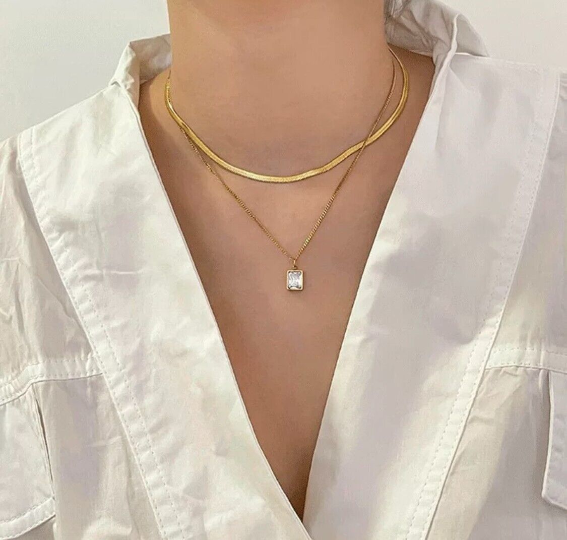 Chrystalla Double Layer Snake Necklace Stainless Steel 18K Gold Zircon Pendant Non Tarnish Women Ladies Unbranded