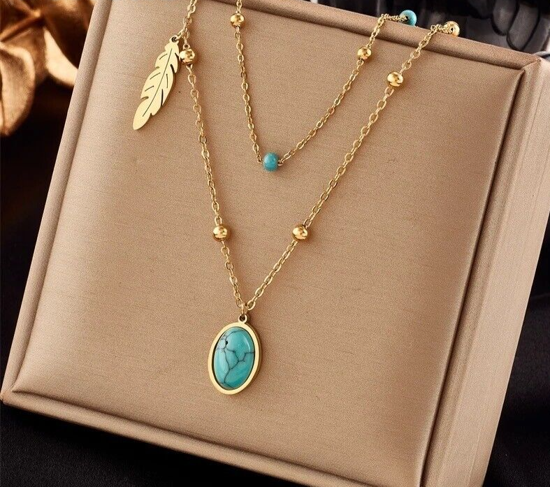 Raya Turquoise Charm Necklace Women Stainless Steel 18K Gold Pendant Layer Non Tarnish Unbranded